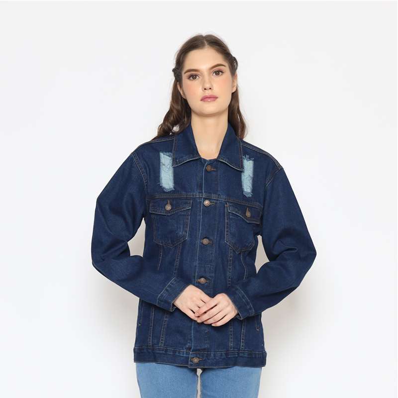 Promo 2nd Red Basic Jaket Jeans Wanita Aksen Ripped- Biru Tua