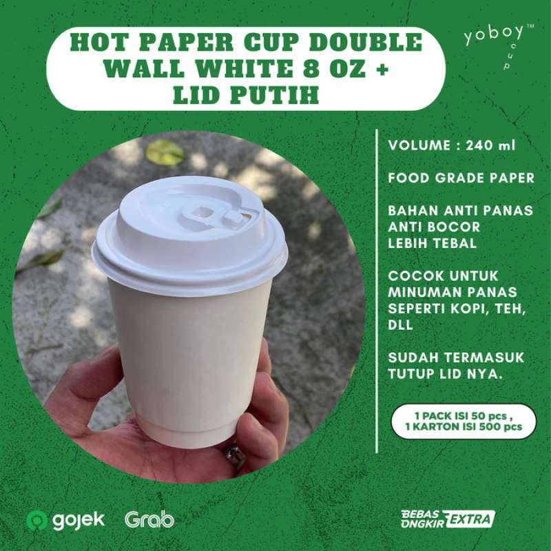 Jual Hot Paper Cup Double Wall/tebal 8oz White + Tutup (isi 1 Pack 50 ...