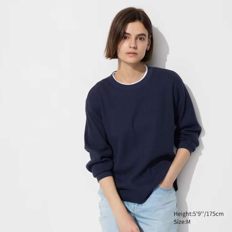 Jual Uniqlo T-shirt Waffle Wanita Crew Neck Lengan Panjang Navy