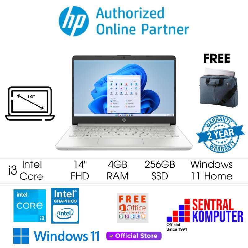 Laptop HP 14s-DQ5567TU Silver untuk Pelajar dengan Intel i3, RAM 4GB, SSD 512GB, dan Layar 14Inch FHD. Cocok untuk Pembelajaran dan Bekerja, Termasuk Tas dan Office!