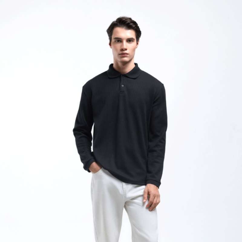 Jual Broodis Kaos Polo Shirt Pria Waffle Knit Hakone Black Lengan