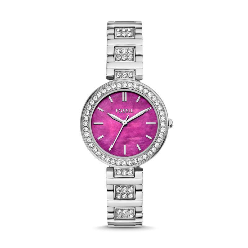 Fossil Karli Three-Hand Pink Dial Silver Strap Stainless Steel Watch 34mm  Jam Wanita BQ3984