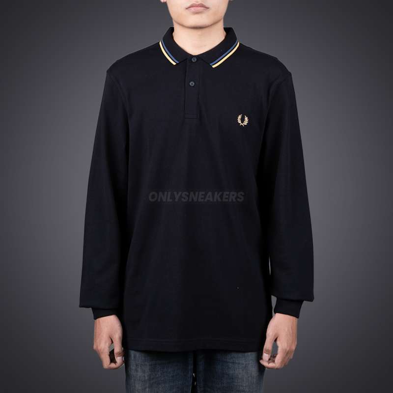 FRED PERRY TWIN TIPPED POLO BLACK BLUE YELLOW LONG SLEEVE