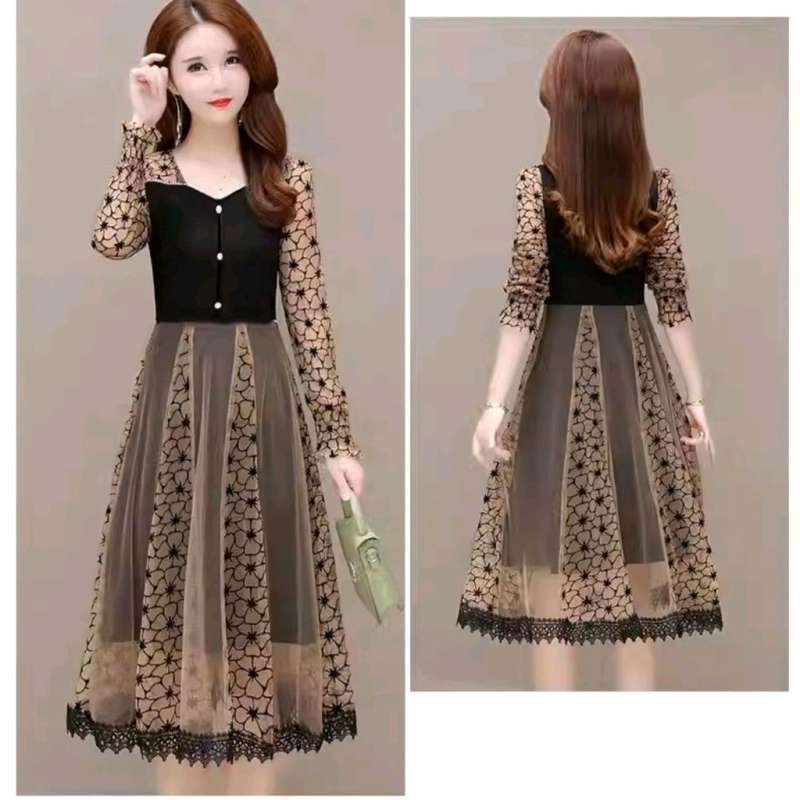 Jual Velvet Tulle Midi Dress Wanita Elegan Allsize Ld 88-120cm