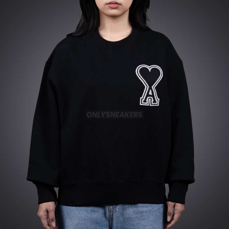 AMI PARIS BIG COEUR HEART BLACK LOGO PATCH EMBROIDERY BLACK SWEATSHIRT
