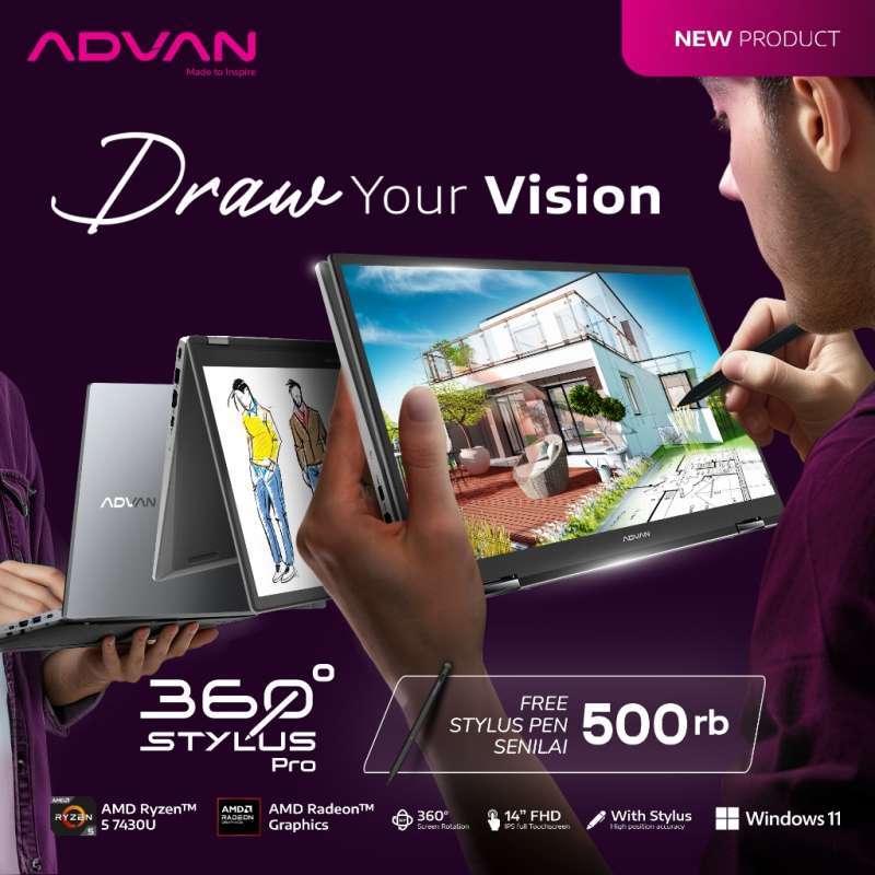 Laptop Layar Sentuh ADVAN 360 Stylus Pro dengan AMD Ryzen 5, FHD 14 IPS, 8GB RAM, dan Penyimpanan yang Dapat Diupgrade. Ideal untuk Pelajar dan Pekerja