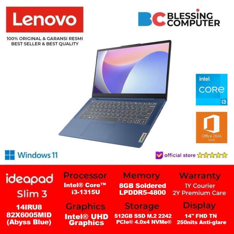 LENOVO IdeaPad Slim 14IRU8 82X6005MID Core i3-1315U 8GB 512GB W11 OHS  Microsoft 365 Basic Abyss Blue