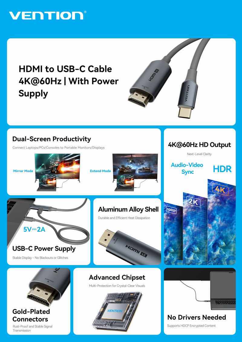 Vention Store Module Promo Vention Kabel Hdmi To USB-C 4k Hdr 60hz Power Support Mirror ...
