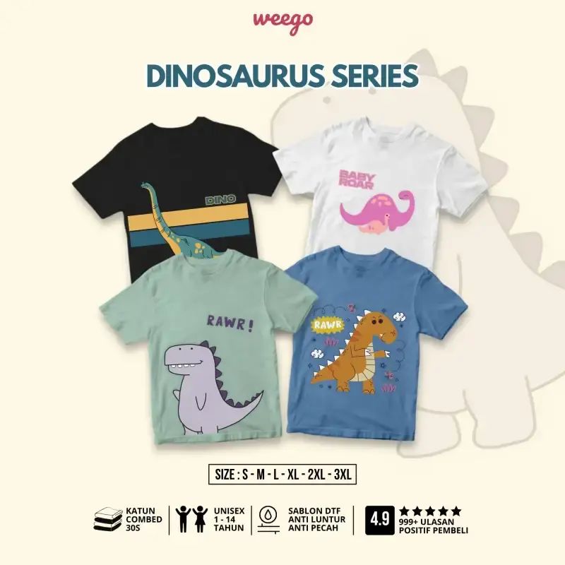 WEEGO - Kaos Anak Lengan Pendek - Kaos Anak Dinosaurus Lucu Kekinian - Untuk Anak Laki-laki & Perempuan - K564