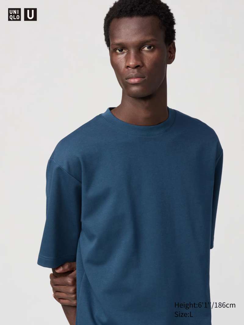 UNIQLO U AIRism Cotton T-Shirt Katun Kaos Oversize Pria Kerah Bulat Crew  Neck Lengan Half 1/2 BLUE