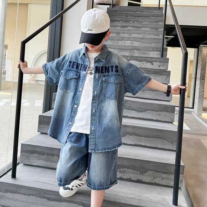 Promo Setelan Pakaian Anak Laki Laki Satu Set Kemeja Jeans Lengan
