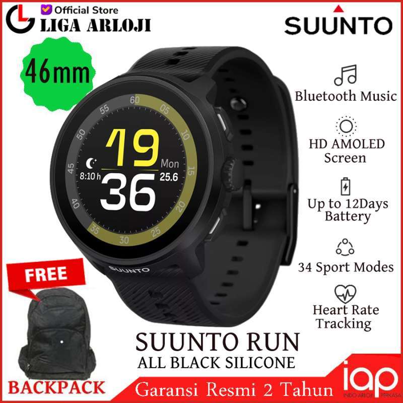 Suunto RUN All BLACK Music AMOLED Jam Tangan Smart 46mm Smartwatch Silicone  Strap Original