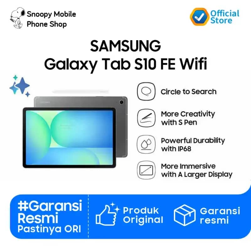 Samsung Galaxy Tab S10 FE untuk Pengguna Digital, dengan Layar Besar 10,9, AI Cerdas, dan S Pen IP68. Ideal untuk Belajar dan Hiburan Sehari-hari
