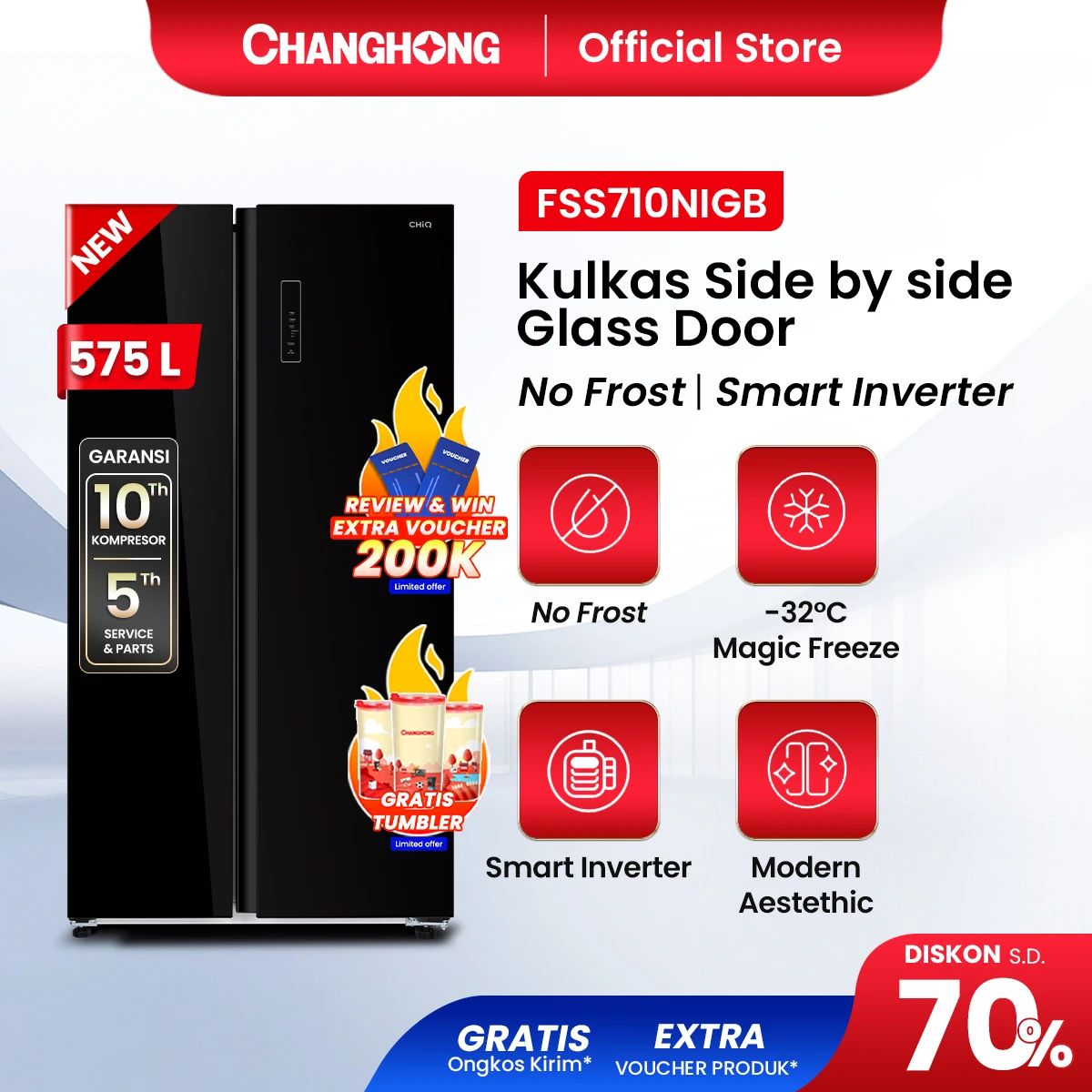 Jual [new Launch] Changhong 575l Kulkas Glass Door Side By Side Pintu ...