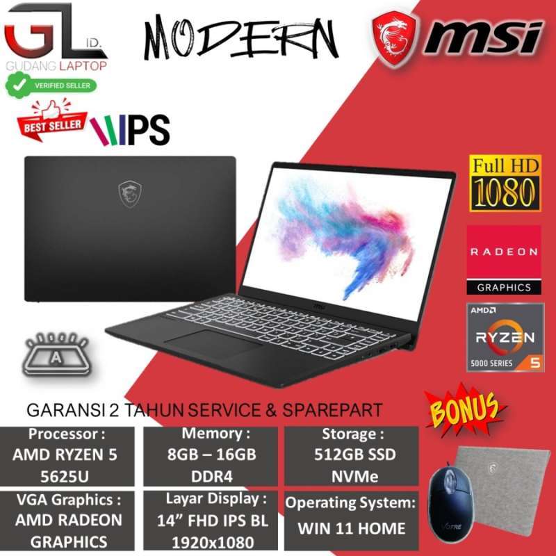 Jual Laptop Gaming MSI Modern 14 C5M AMD RYZEN 5 5625U 8GB 512GB 14 FHD IPS BACKLIT WINDOWS 11