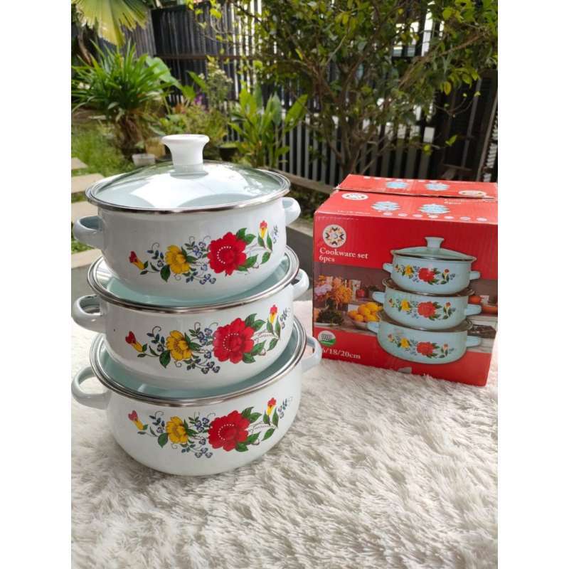 Jual Panci set enamel 3 susun+ tutup kaca/panci bunga/panci susun bunga
