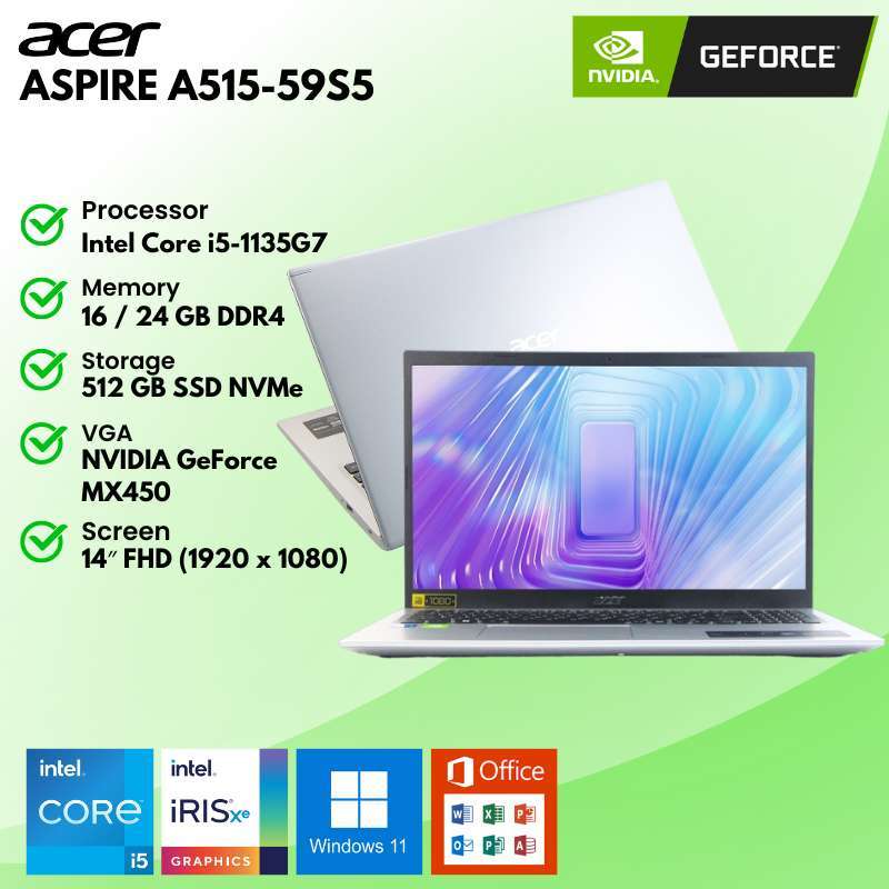 LAPTOP GAMING ACER ASPIRE A515-56G-59S5 INTEL CORE i5-1135G7 24GB SSD  512GB INTEL IRIS XE GRAPHICS 15 INCH FHD IPS WINODWS 11