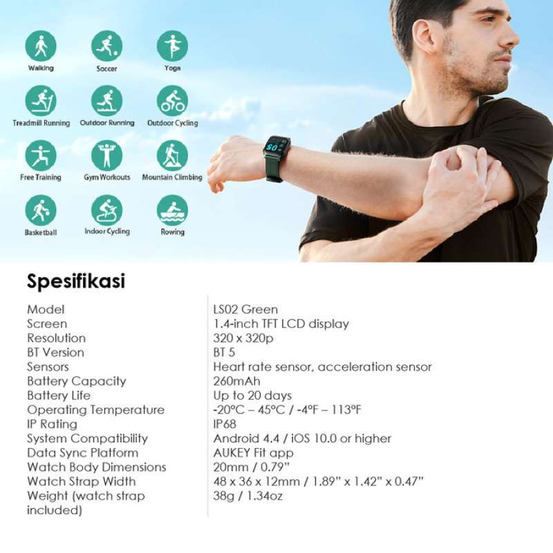 Promo Smartwatch Aukey Fitnes Tracker 12 Activity Green 501765 Diskon