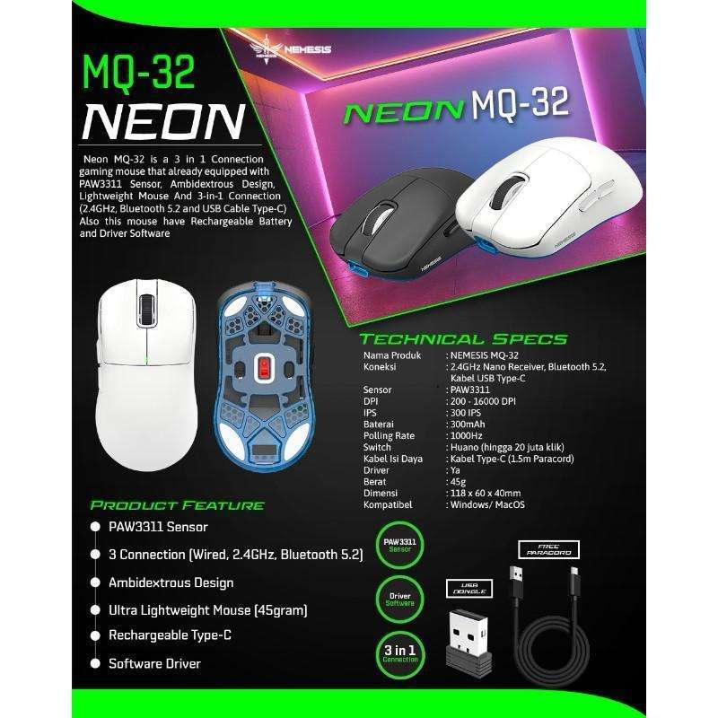Jual Nemesis Neon Mq32 Mq-32 Wireless Gaming Mouse Triple Connection ...