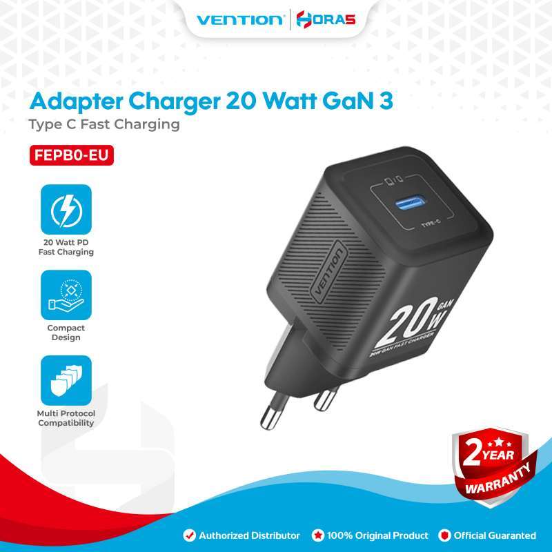 Vention Adapter Kepala Charger GaN Type C 20W PD GaN Fast Charging 20 Watt  Black FEPB0-EU