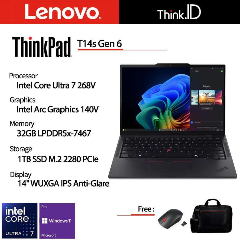 Lenovo ThinkPad T14s Gen 6 Ultra untuk Profesional dengan Intel Core Ultra 7, 32GB RAM, SSD 1TB, dan Layar IPS 14 - Ideal untuk Produktivitas Tinggi