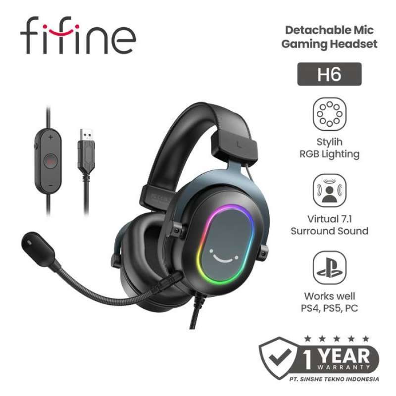 Fifine H6 Headphone Gaming RGB Audio with Detachable Mic USB A  Connectivity