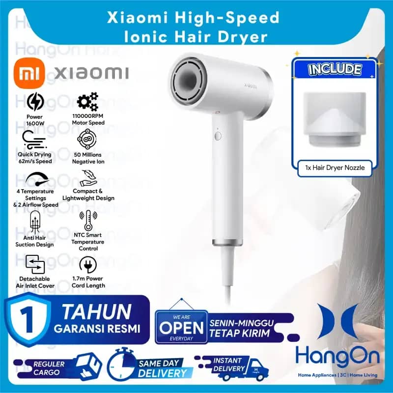 Xiaomi High-Speed Ionic Hair Dryer Quick Drying 110000 RPM 62m/s Speed 50  Millions Negative Ion Tech for Smooth Frizz-Free Hair Airflow Hairdryer