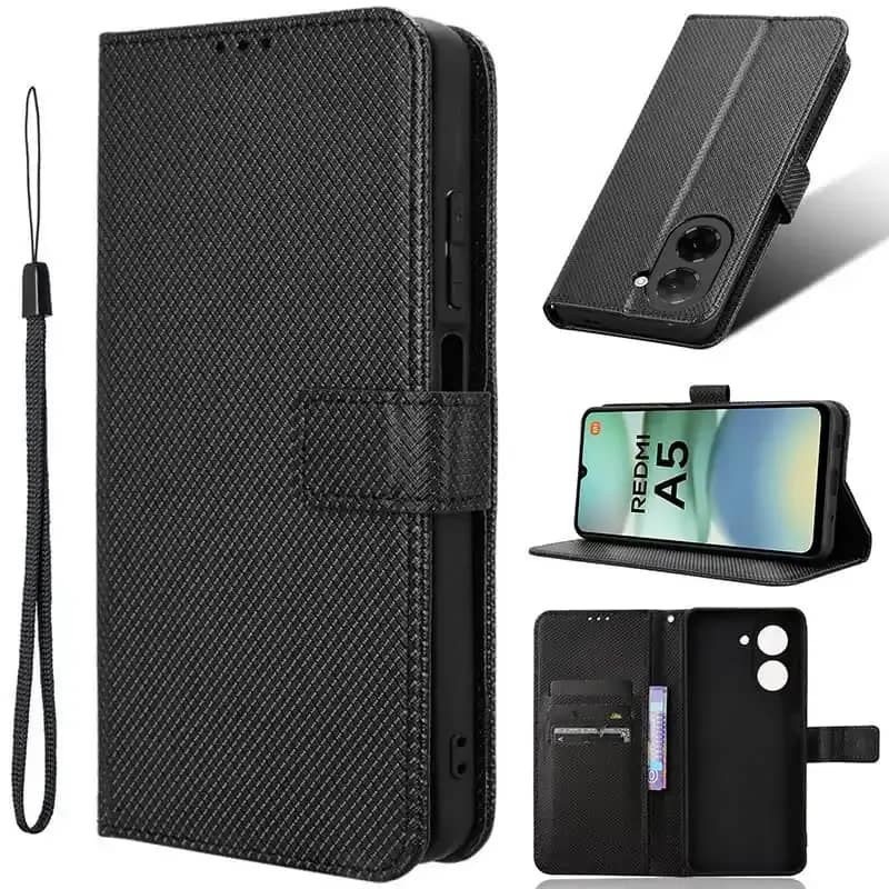 Wallet Flip Leather Case Xiaomi Poco C71 RedMi A5 Cover Stand Card  Holder Dompet Casing Hitam Black Clip Lanyard Strap Rope Tali