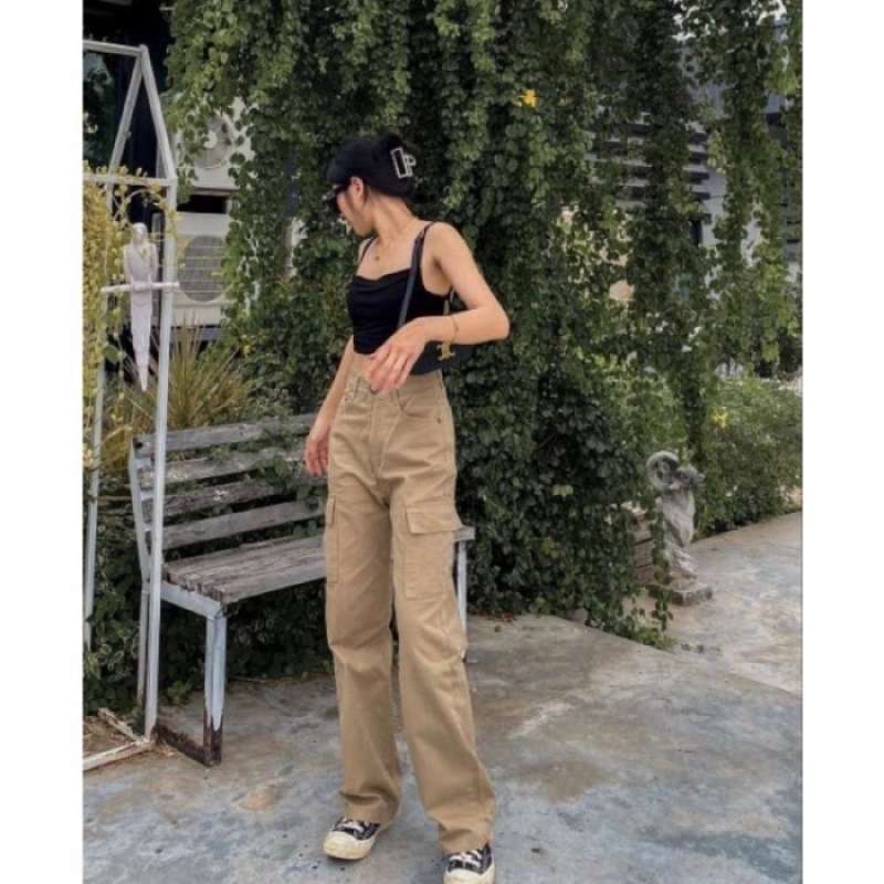 Promo CELANA CARGO HIGHWAIST LOOSE JEANS WANITA WARNA CREAM & HIJAU Cream, 27 Hitam 31