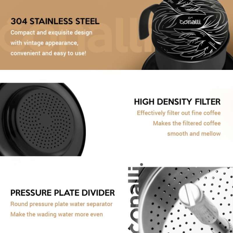 Promo Vietnam Drip Ulir Stainless 200 Ml Conalli Coffee Dripper Black