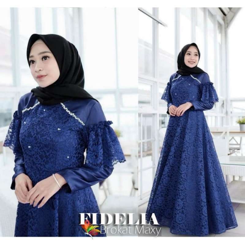 Gamis Fidelia Maxy Long Dress Bahan Velvet Mix Brokat All Size