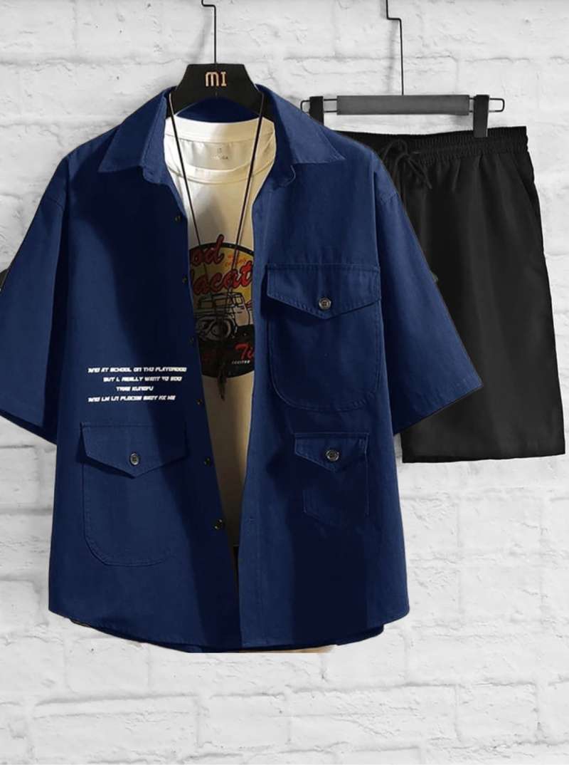 ZEKA -Setelan Kemeja Atasan Casual Pria Satu SET Kemeja Figo Dan Celana  Pendek Polos