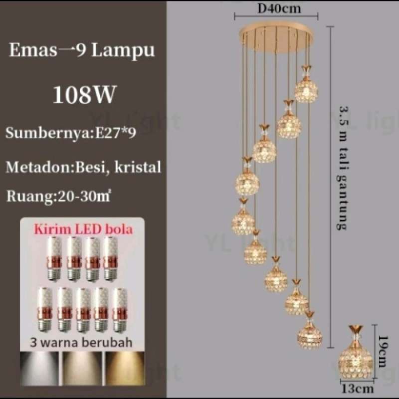 Jual Lampu Gantung Kristal Gold Void Tangga Minimalis Include Bohlam ...