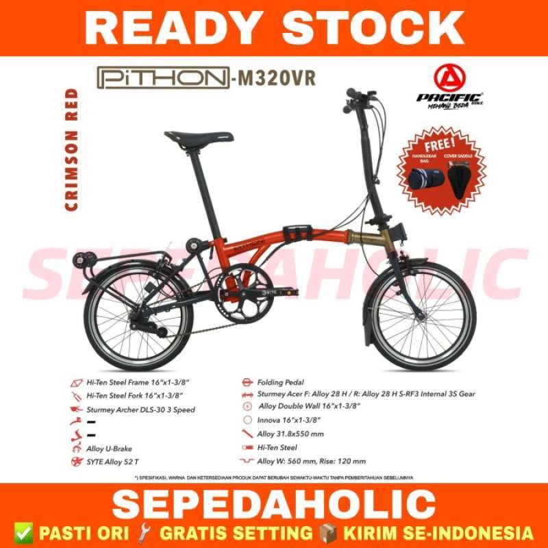 PROMO SEPEDA LIPAT 16 INCH TRIFOLD PACIFIC PITHON M 320 VR 3 SPEED FREE TAS