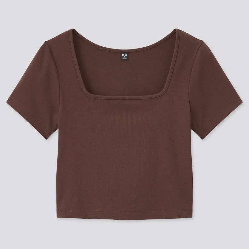 UNIQLO T-Shirt Crop Square Neck Wanita Lengan Pendek Brown