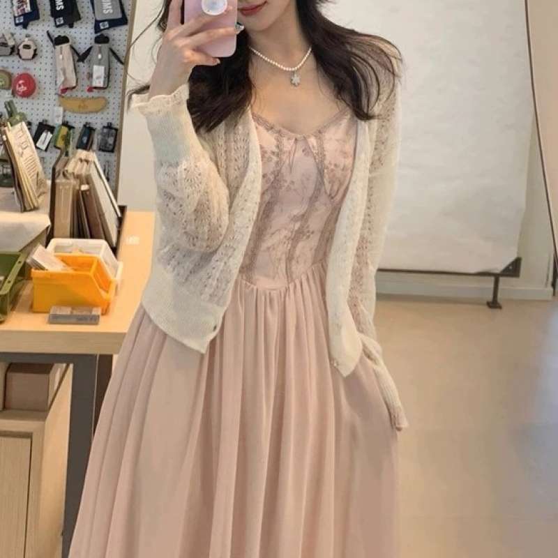 Spaghetti Strap Korean Dress With Cardigan Spaghetti Strap Korean