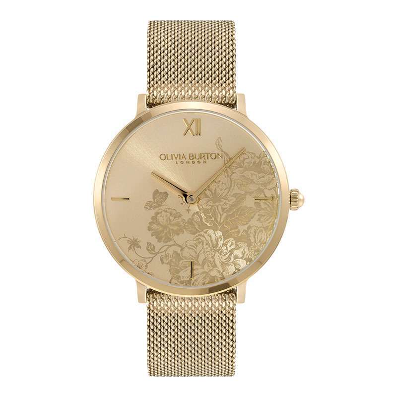 Jam Tangan Wanita Olivia Burton Signature 24000114 Floral Blooms Ultra Slim  Light Gold Dial Gold Mesh Strap