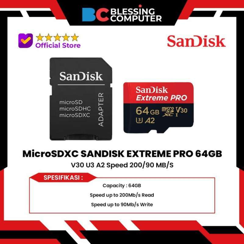 MicroSDXC SANDISK EXTREME PRO 64GB V30 U3 A2 Speed 200/90 MB/S