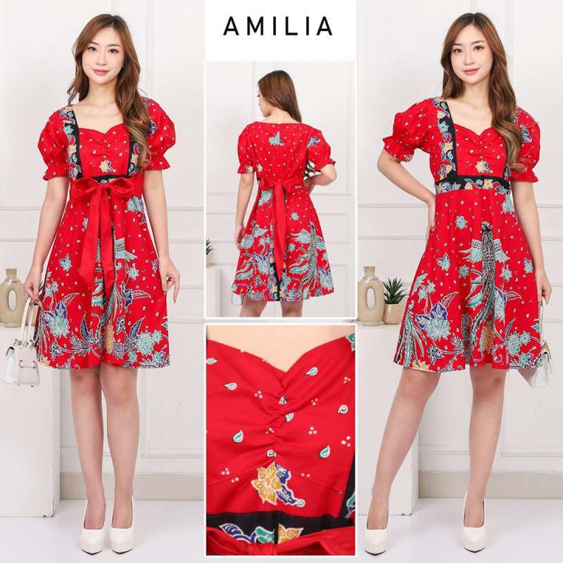 Evercloth Amilia Dress Wanita Batik Couple Modern Dress Batik Modern Gaun  Pesta Merah