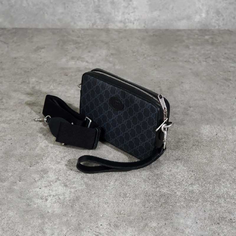 Tas GUCCI OVAL LOGO GG MONOGRAM BLACK CLUTCH SLING BAG 100% ORIGINAL