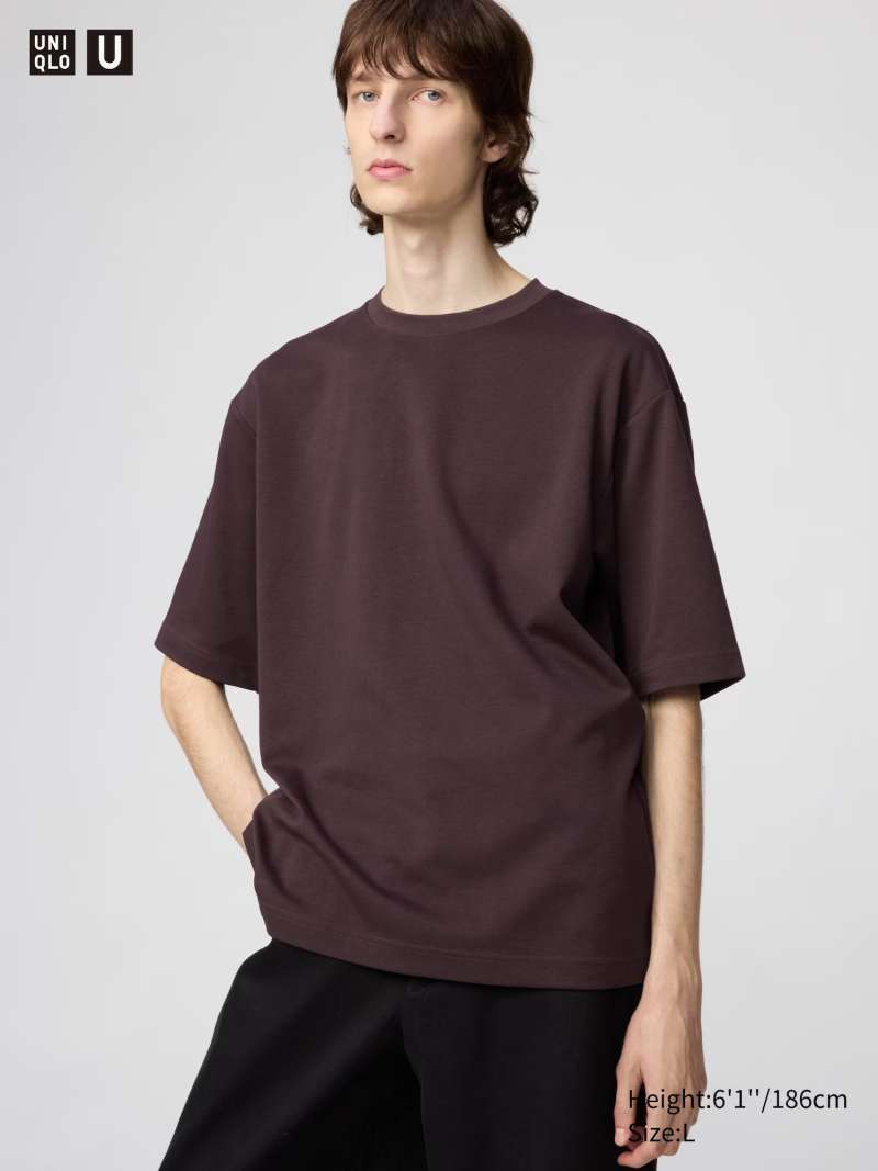 UNIQLO U AIRism Cotton T-Shirt Katun Kaos Oversize Pria Crew Neck Kerah  Bulat Lengan Half 1/2 WINE