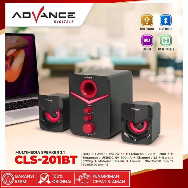 Advance Bluetooth Speaker Multimedia 2.1 CLS-201 BT dengan Lampu LED dan Ukuran Compact, Ideal untuk TV Cerdas. Suitable untuk Ruang Santai atau Kerja