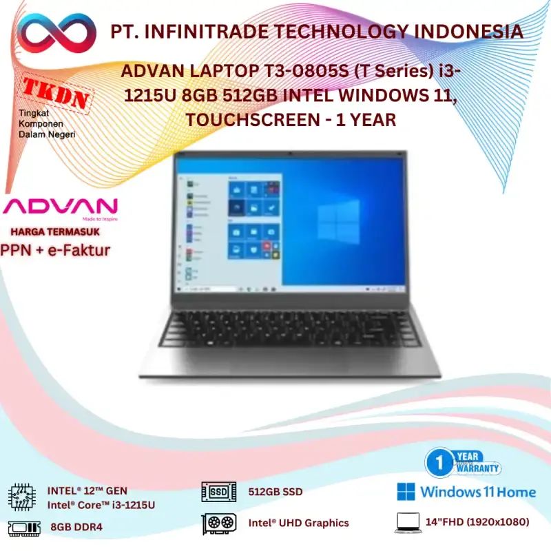 Jual Advan Laptop T3-0805s (t Series) I3-1215u 8gb 512gb Intel Windows ...