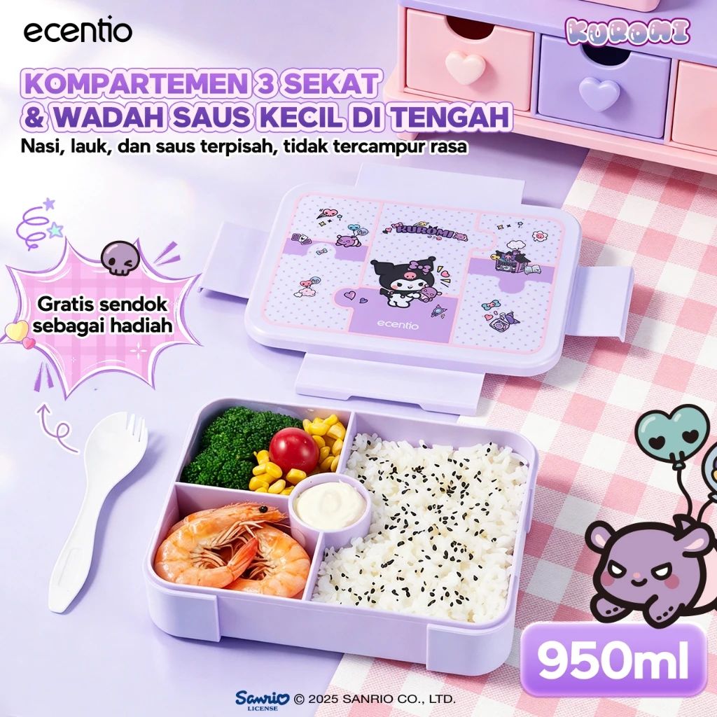 ecentio Kotak Makan Anak Kuromi Set Bekal Sekolah Lunch Box 950ml Anti Tumpah - Kotak Makan