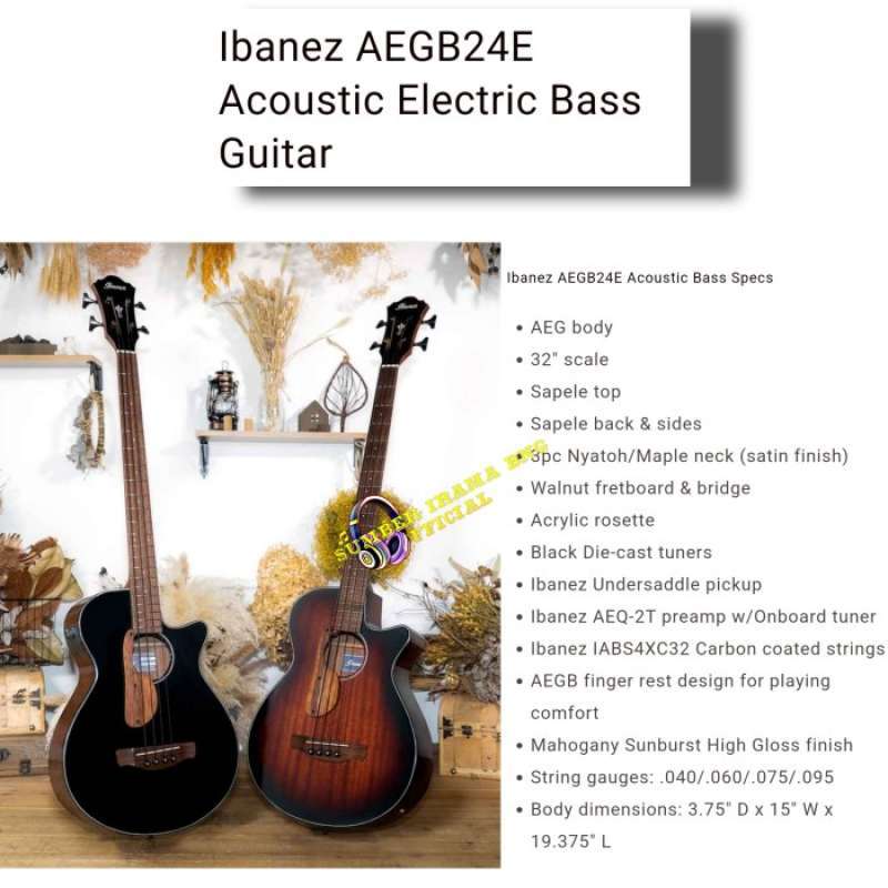 Jual IBANEZ AEGB24E ACOUSTIC ELECTRIC BASS GUITAR BASS AKUSTIK