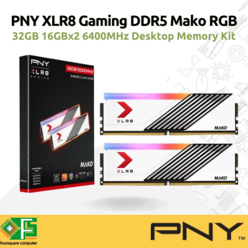 Ram PNY XLR8 Gaming DDR5 MAKO RGB White 32GB (2x16GB) DDR5 PC 6400MHz CL40  Dekstop Memory Kit