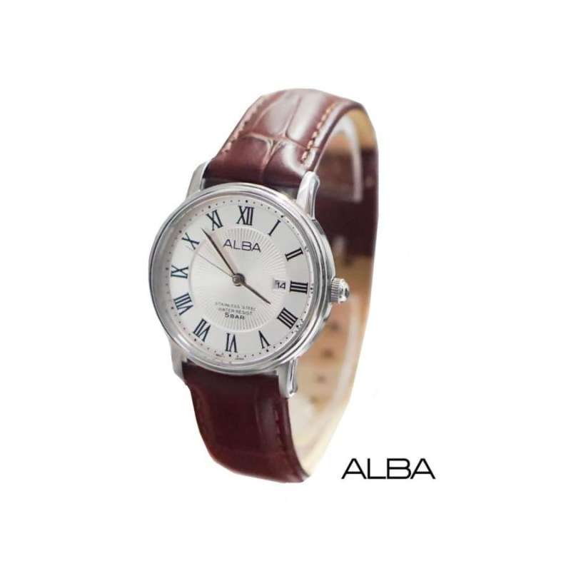 JAM TANGAN ALBA AP 6219 WANITA SILVER WHITE LEATHER BROWN ORIGINAL