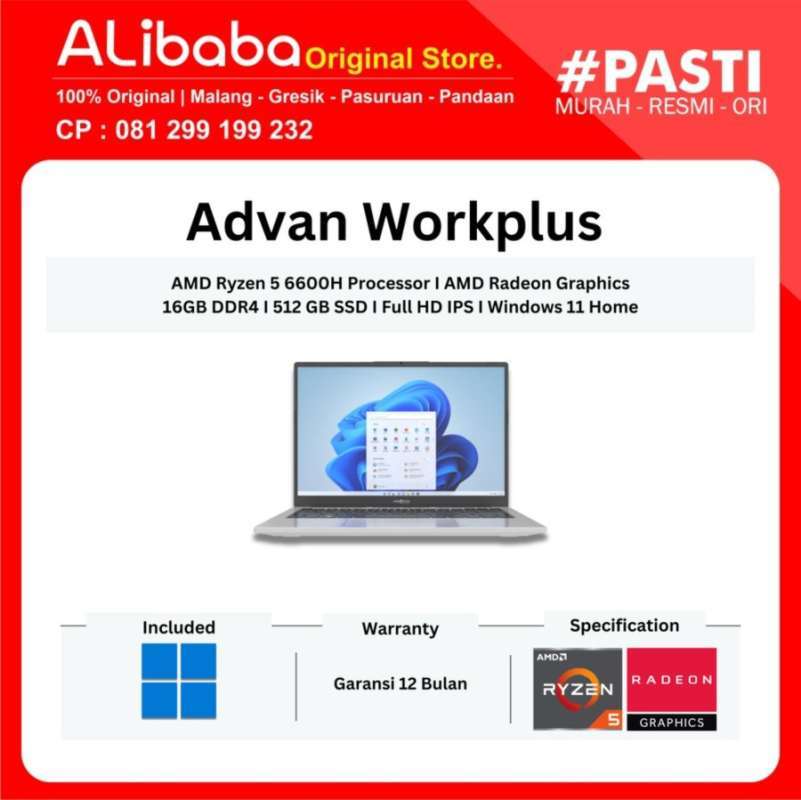 Jual Advan Laptop Workplus Amd Ryzen 5 6600h 14'' Fhd Ips 16gb 512gb ...