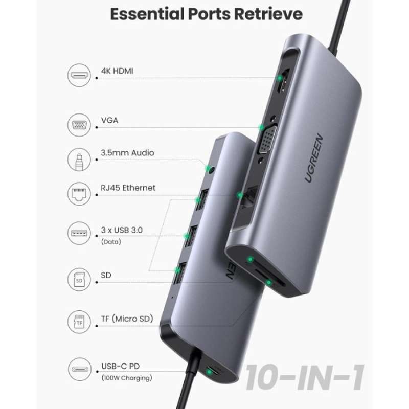 Adapter Converter HUB 9 in 1 UGREEN USB Type C PD HDMI 4K RJ45 Laptop