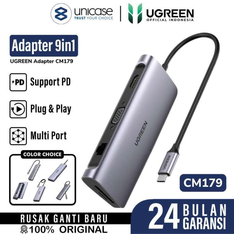 UGREEN Hub 9 in 1 USB C to 3A 1C 1HDMI 1RJ45 1VGA 1SD 1TF - Space Gray CM179 40873